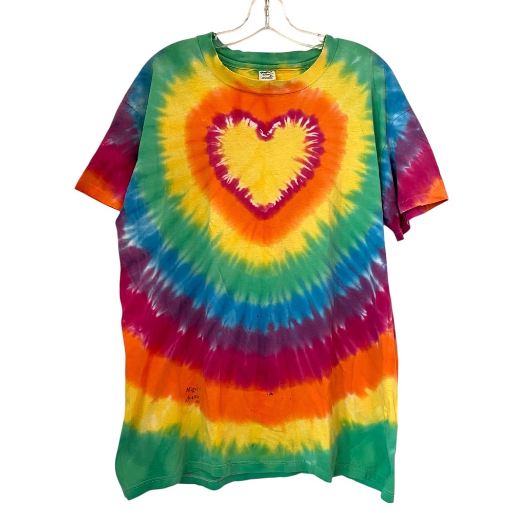 VTG Hanes Tie Dye T-Shirt Heart Single Stitch Rainbow Tee Large Miro's 90s HOLES
